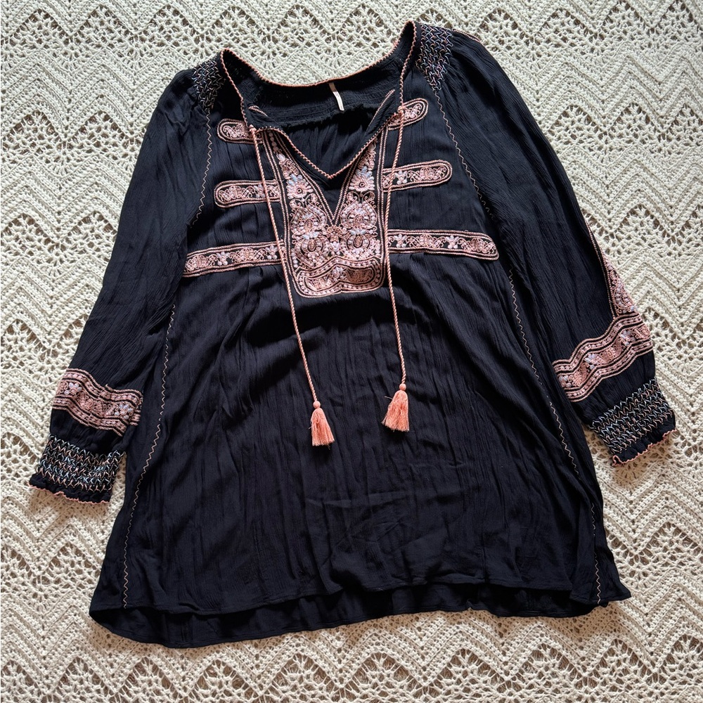 Free People Wind Willow embroidered peasant mini dress in black Boho Whimsical
